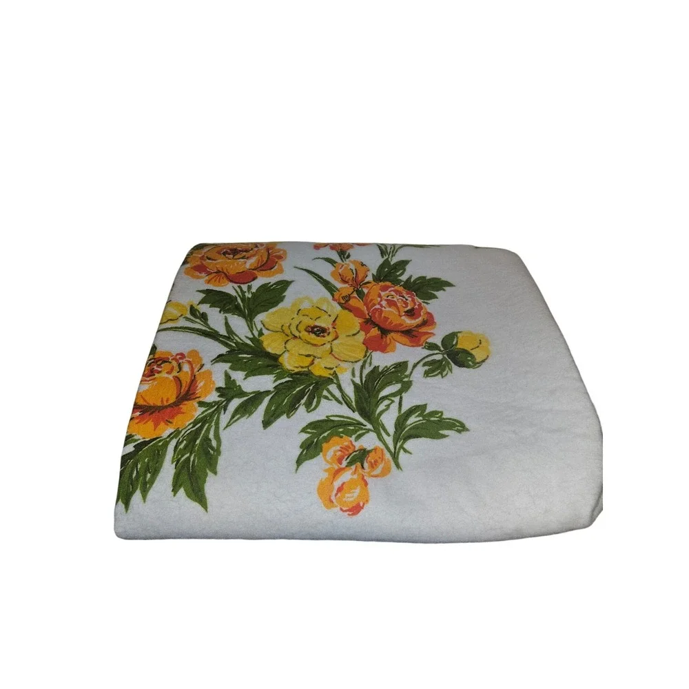 Vintage 70s Floral Thermal Blanket White Yellow Orange Rose‎ Satin Trim Retro